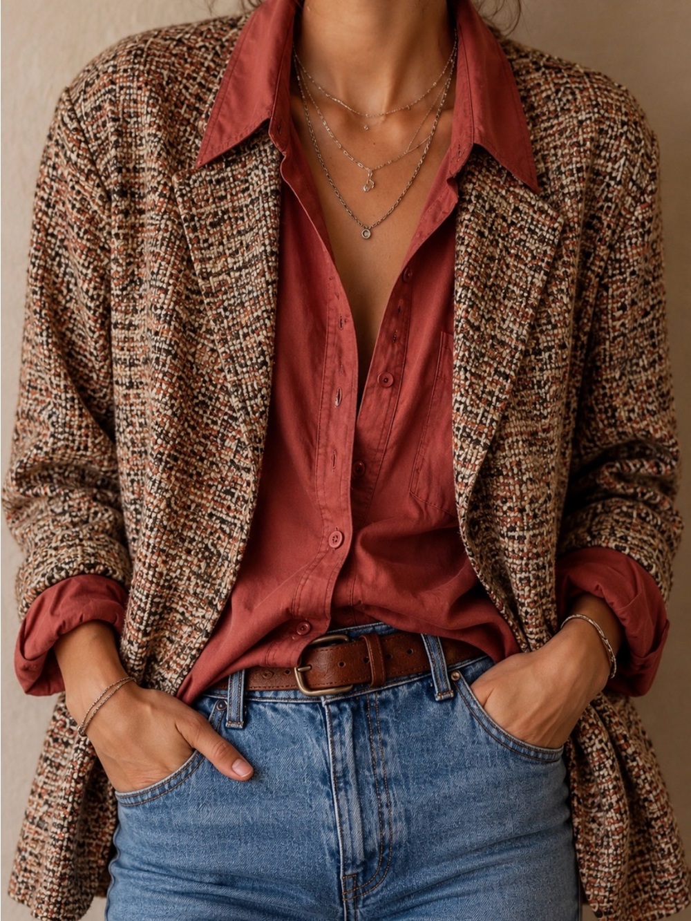 VINTAGE Coldwater Creek Multicolor Tweed Open Front Blazer w 3/4 Sleeve & Lapels